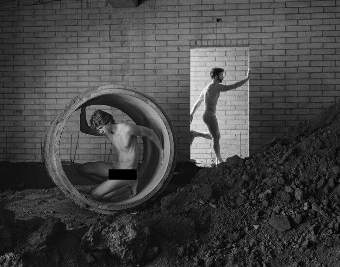 Construction Nudes Print: Figures in Culvert and Doorway