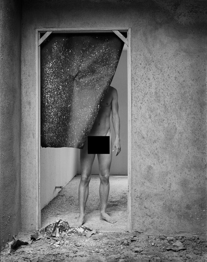 Construction Nudes Print: Figure Behind Tar Paper